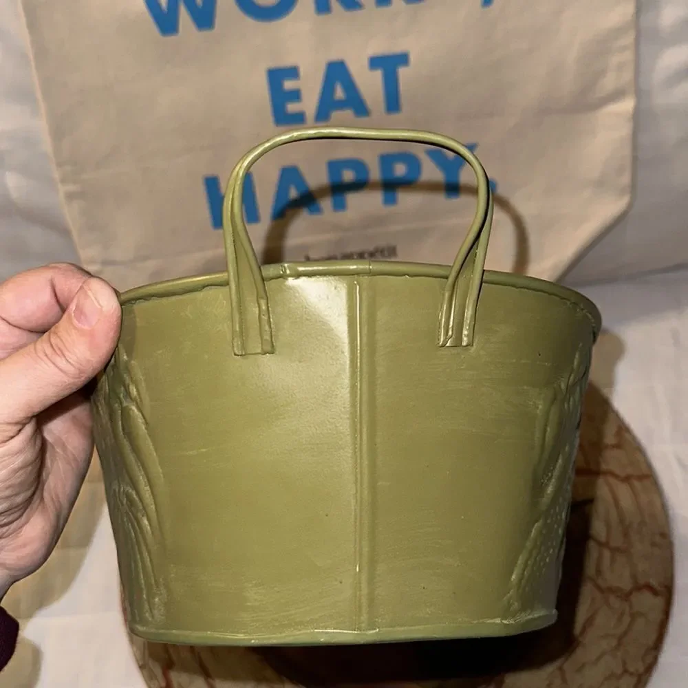 Metal Tin Bowl with Handles Green Fruit Harvest Dented Design